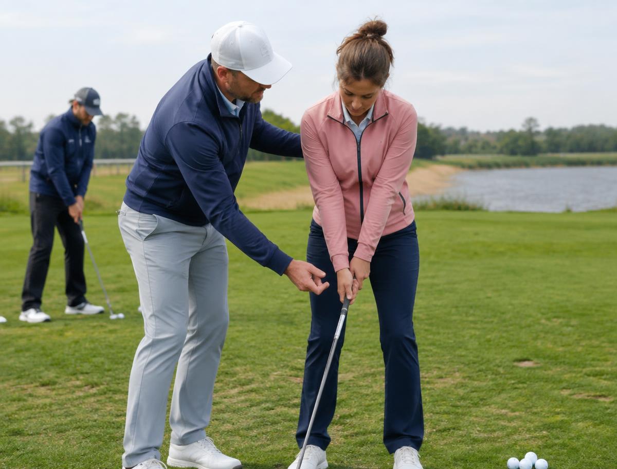 Golfinstructeur helpt een golfer met haar houding